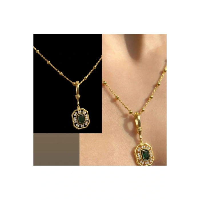 Serenay 2.sezon Çelik Zümrüt Yeşili Taşlı Kolye