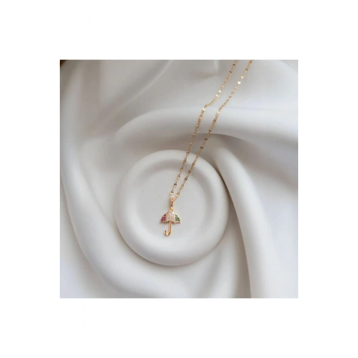 Şemsiye Figürlü Gold Renkli Çelik Tasarım Kolye