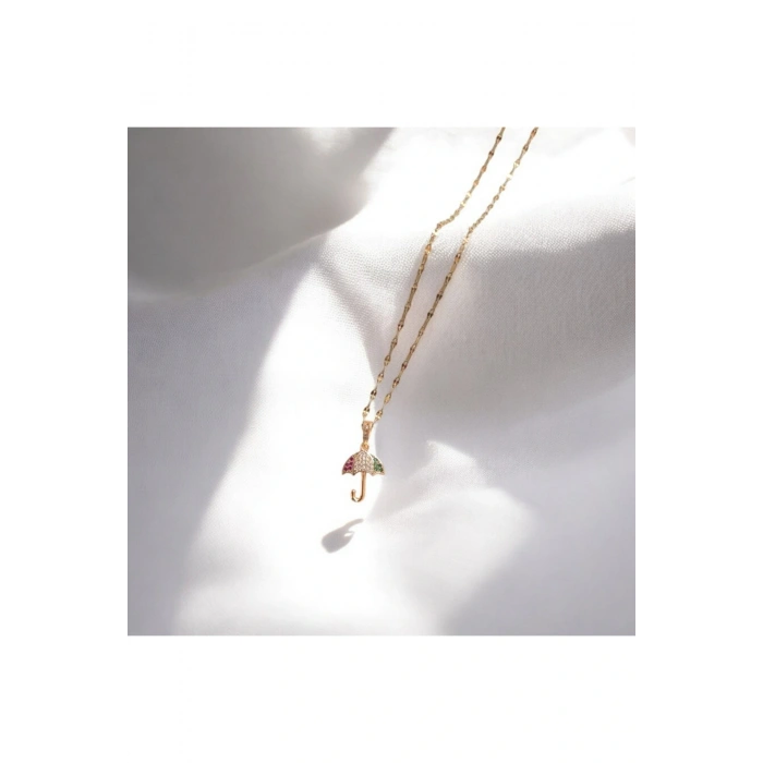 Şemsiye Figürlü Gold Renkli Çelik Tasarım Kolye