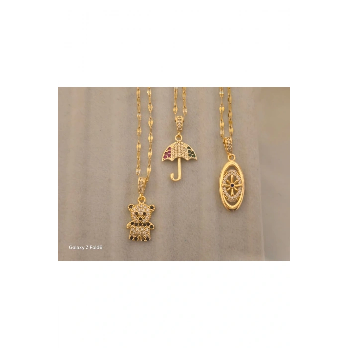 Şemsiye Figürlü Gold Renkli Çelik Tasarım Kolye