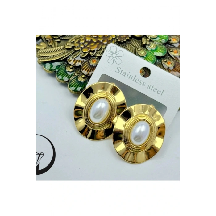 İncili Çelik Vintage Seri Gold Küpe