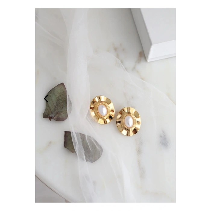 İncili Çelik Vintage Seri Gold Küpe