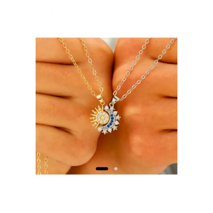 Çelik Güneş ve Ay Best Friend & Aşk Kolyesi 2li Set