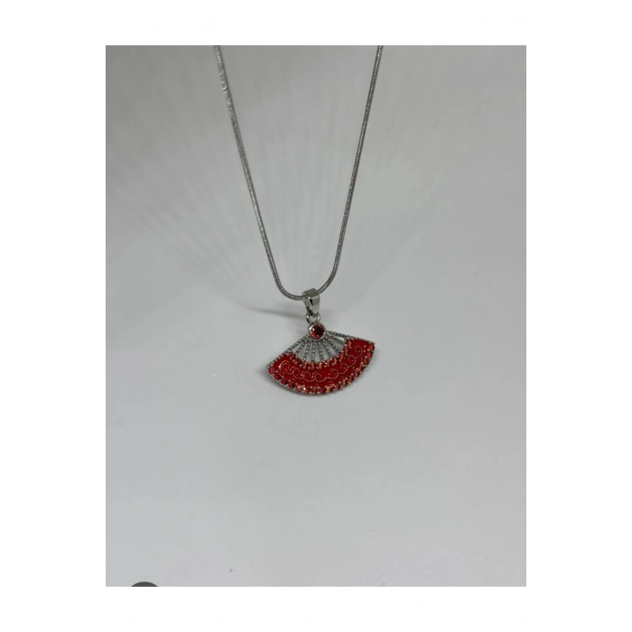Yelpaze Model Kırmızı Taşlı Çelik Kolye