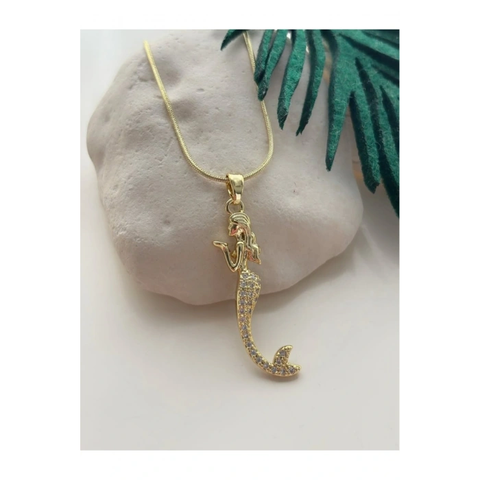 Denizkızı Figürlü Gold Renk Çelik Kolye