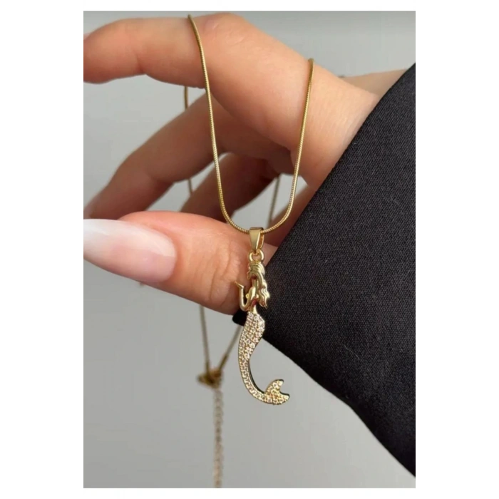 Denizkızı Figürlü Gold Renk Çelik Kolye