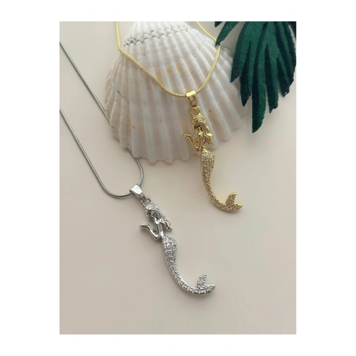 Denizkızı Figürlü Gold Renk Çelik Kolye