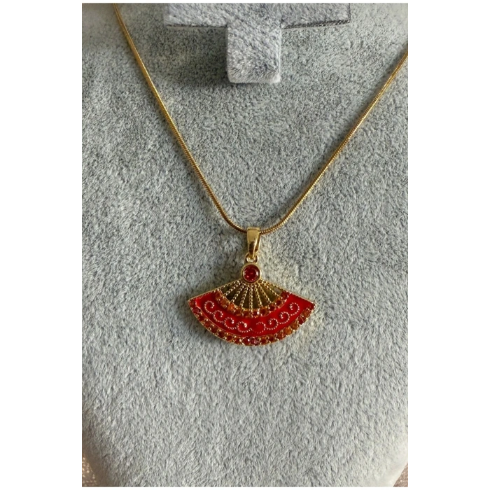 Yelpaze Model Kırmızı Taşlı Gold Çelik Kolye