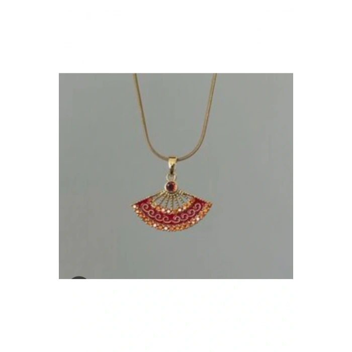 Yelpaze Model Kırmızı Taşlı Gold Çelik Kolye
