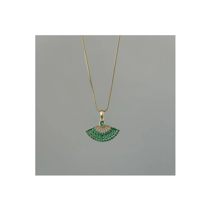 Yelpaze Model Yeşil Taşlı Gold Çelik Kolye