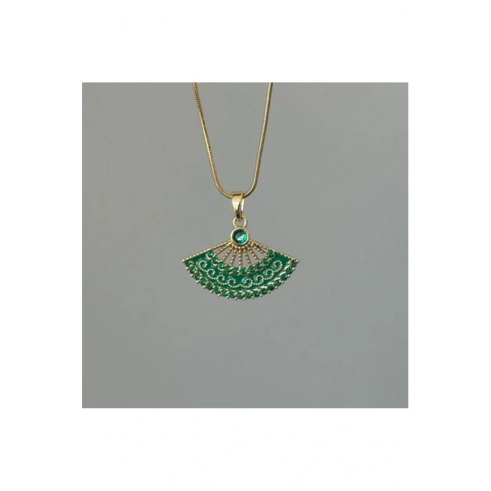 Yelpaze Model Yeşil Taşlı Gold Çelik Kolye