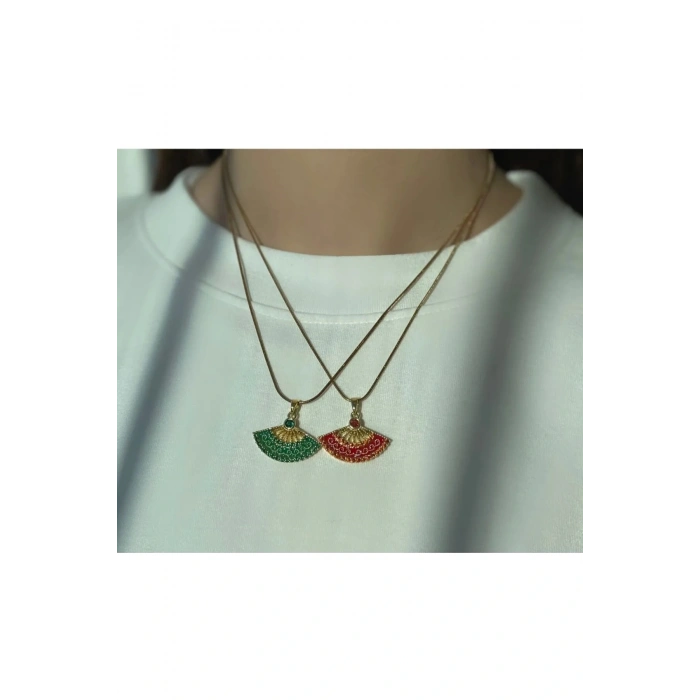 Yelpaze Model Yeşil Taşlı Gold Çelik Kolye