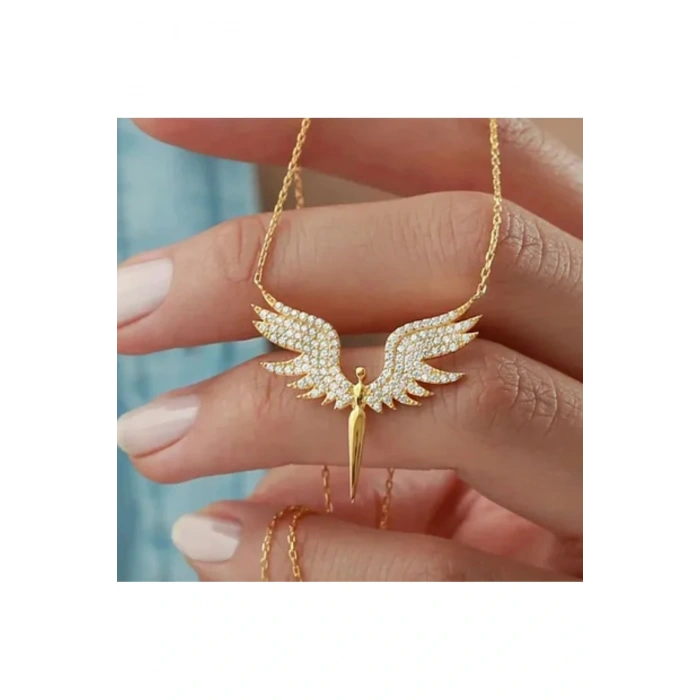 Mikail Meleği Figürlü Taşlı Gold Renk Çelik Kolye