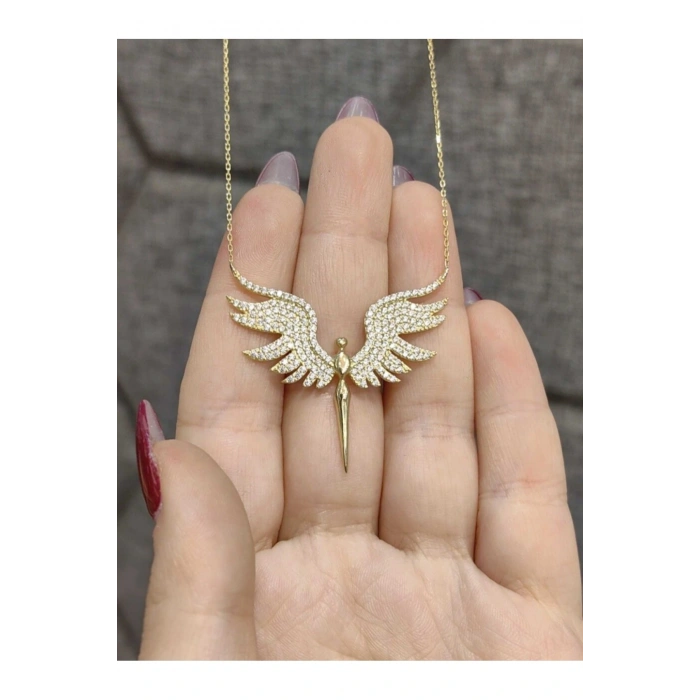 Mikail Meleği Figürlü Taşlı Gold Renk Çelik Kolye