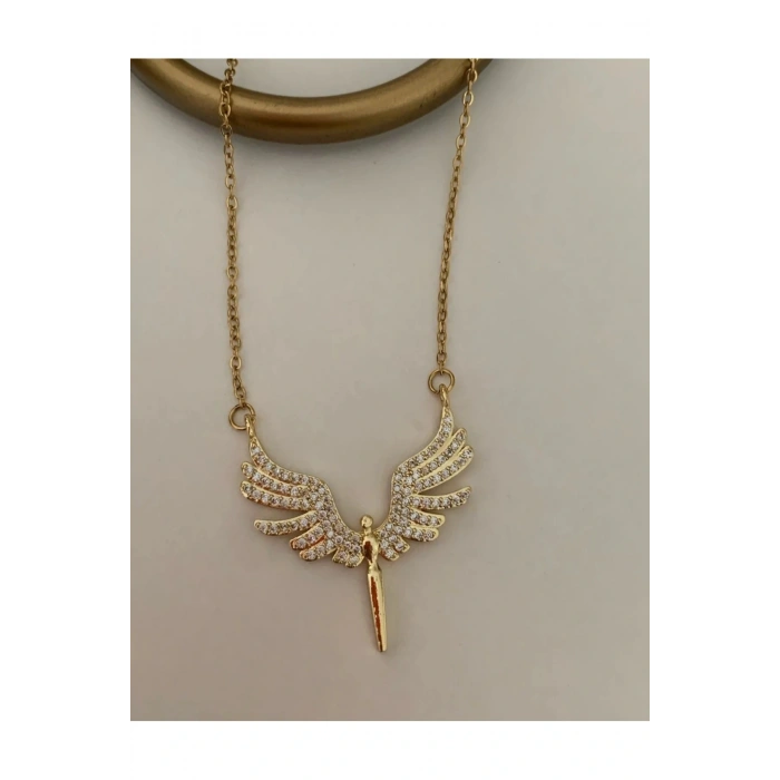 Mikail Meleği Figürlü Taşlı Gold Renk Çelik Kolye