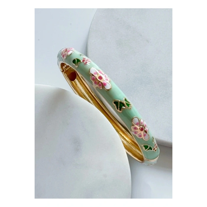 Mineli Çiçekli Kelepçe Bilezik (Yeşil)