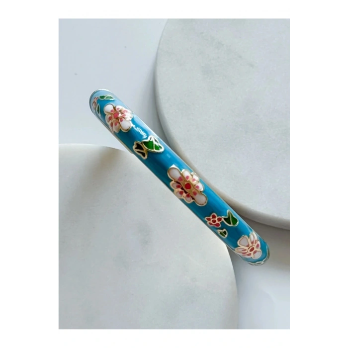 Mineli Çiçekli Mavi Kelepçe Bilezik