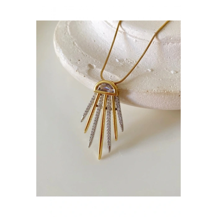 Gold Renkli Çelik Özel Seri Taşlı Kolye