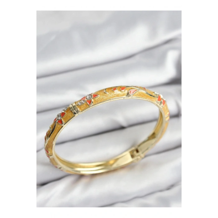 Mineli Taşlı Çiçek Detaylı HardalSarı Kelepçe Bileklik