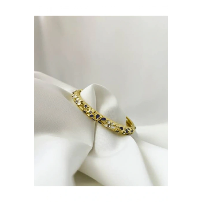 Mineli Taşlı Çiçek Detaylı Mor Kelepçe Bileklik