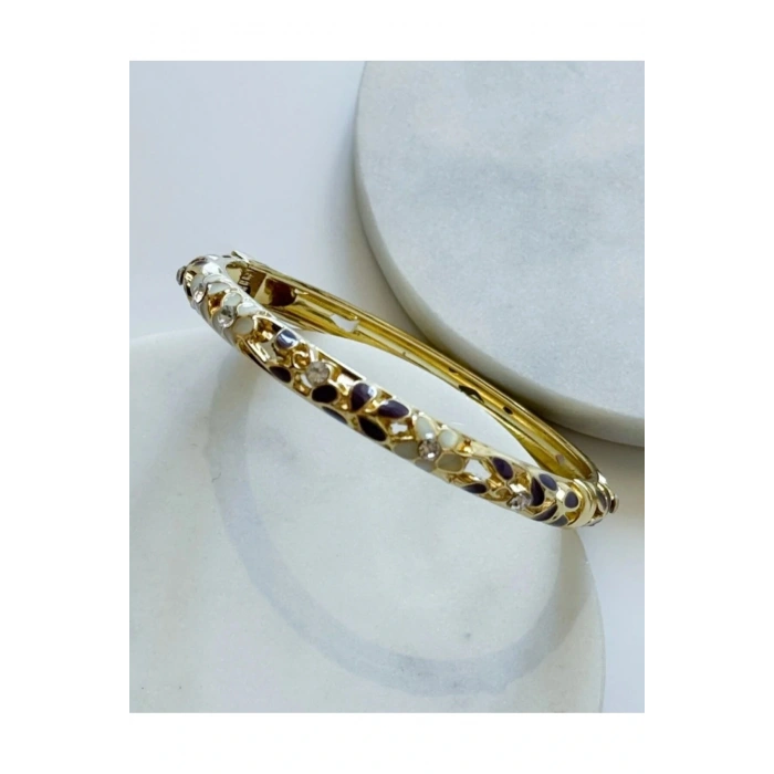 Mineli Taşlı Çiçek Detaylı Mor Kelepçe Bileklik