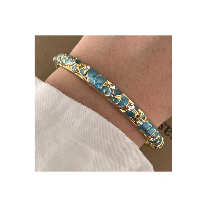 Mineli Taşlı Çiçek Detaylı Mavi Renkli Kelepçe