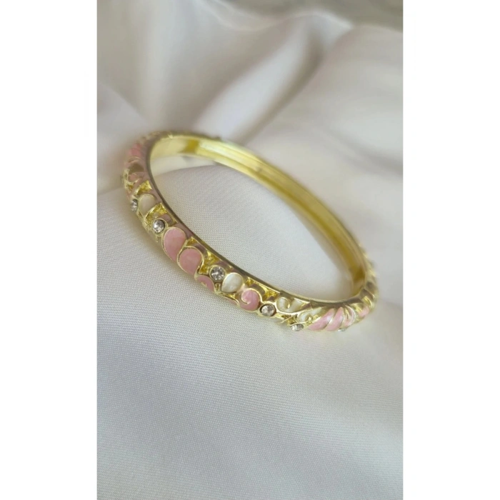 Mineli Taşlı Çiçek Desenli Somon Renkli Kelepçe Bileklik