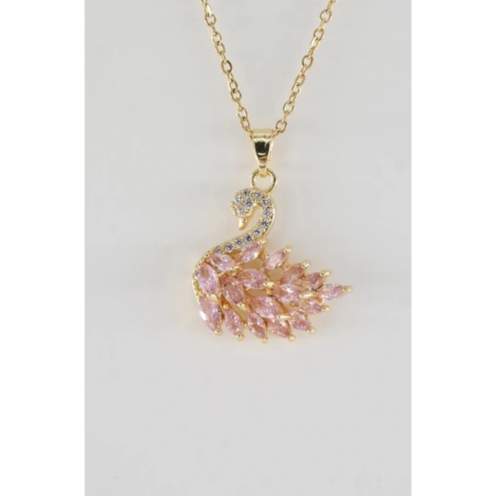 Kuğu Figürlü Çelik Gold Renkli Taşlı Kolye