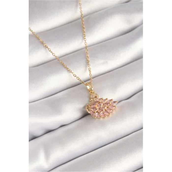 Kuğu Figürlü Çelik Gold Renkli Taşlı Kolye