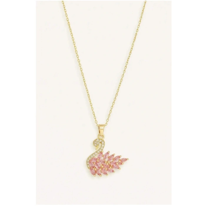 Kuğu Figürlü Çelik Gold Renkli Taşlı Kolye