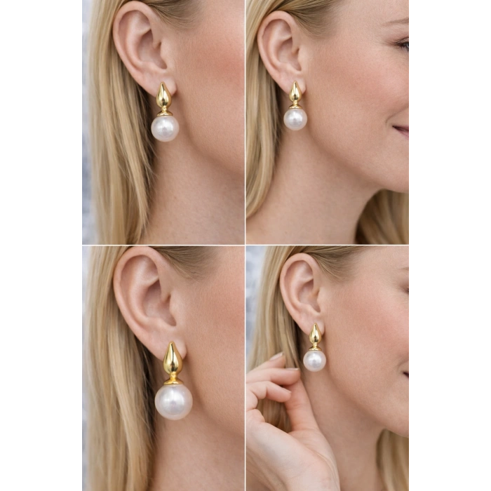 İnci Detaylı Gold Renk Kaplama Küpe