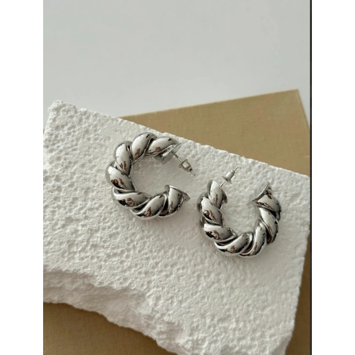 Vintage Esintili Burgu Halka Küpe Gümüş Renk