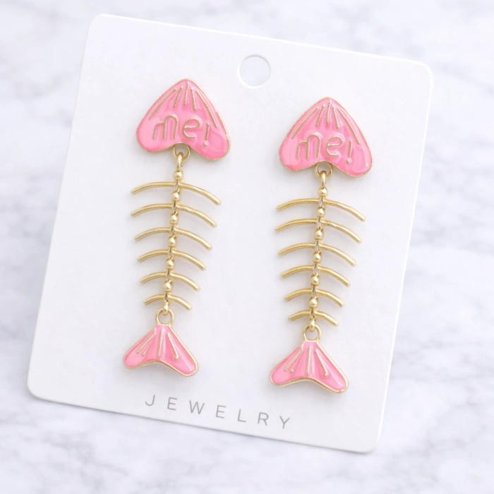 Pembe Mineli Balık Kılçığı Detaylı Küpe