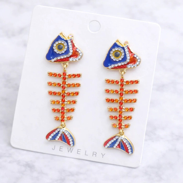 Marka Model Renkli Taşlı Balık İskeleti Gold Küpe