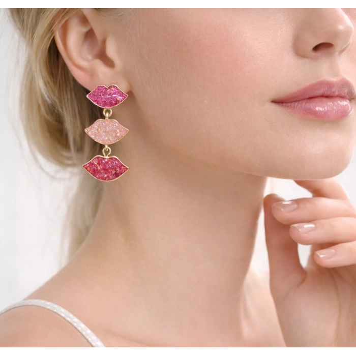 Pembe Tonlu Dudak Figürlü Marka Model Küpe