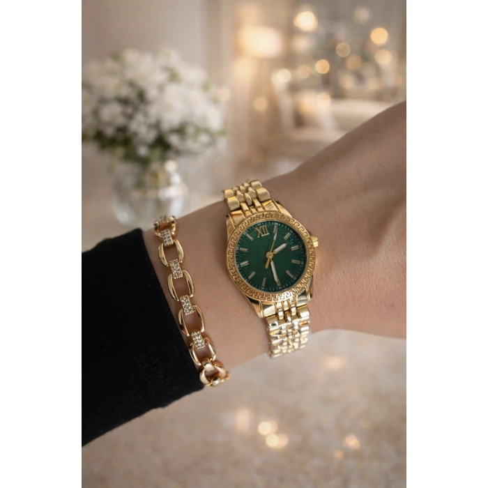 Gold Renkli Yeşil Kadranlı Kadın Saat