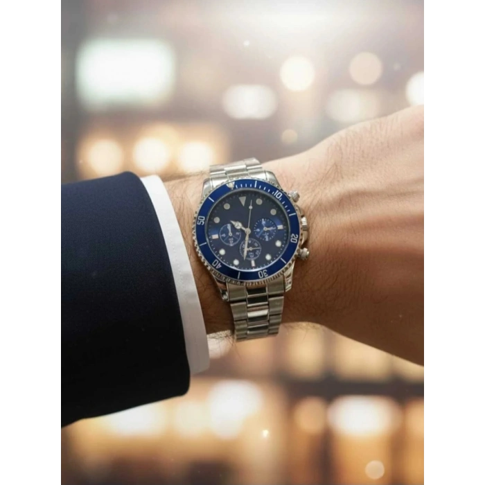 Gümüş Renkli Mavi Kadranlı Çelik Marka Model Erkek Saat