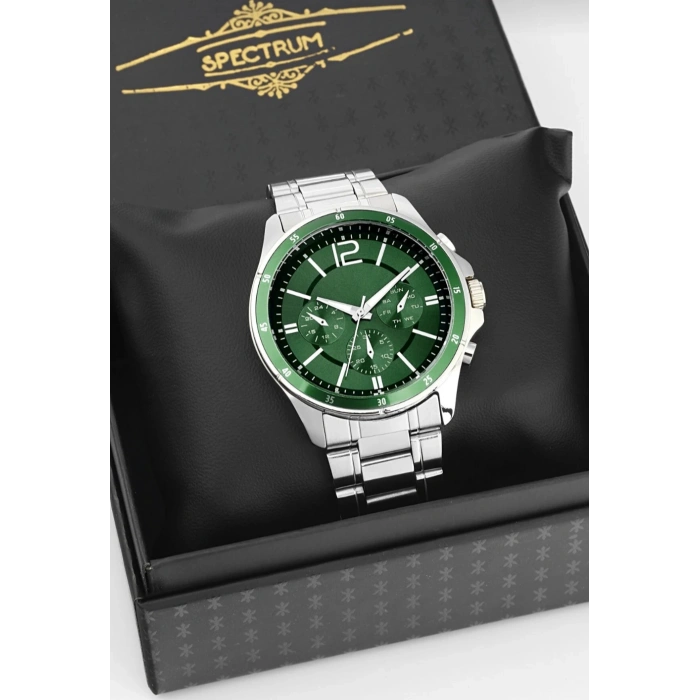 Gümüş Renkli Yeşil Kadran Çelik Erkek Saat