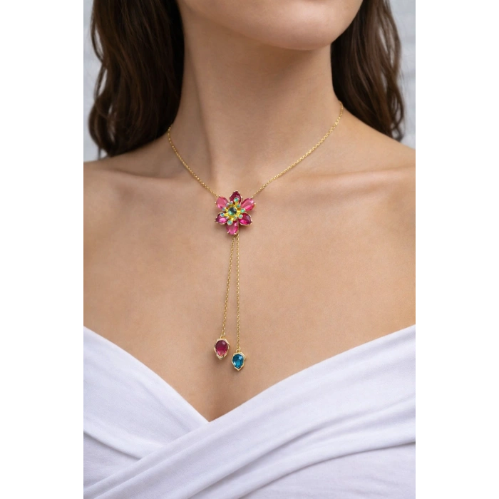 Gold Renkli Pembe Taşlı Asansör Model Kolye