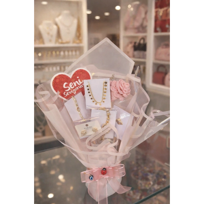 Takı Seti Buketi 5li Lüks Set | Gold & Gümüş Sürpriz Paket