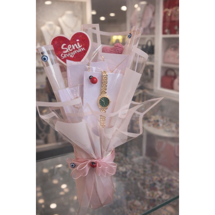 Takı Seti Buketi 5li Lüks Set | Gold & Gümüş Sürpriz Paket