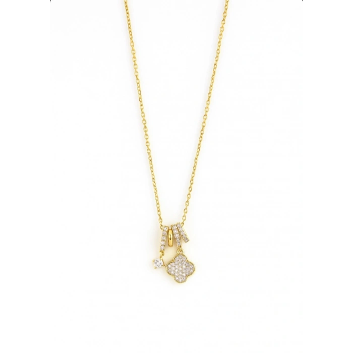 Gold Renkli Taşlı Yonca Figürlü Çelik Kolye