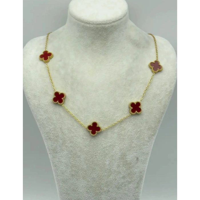 Gold Renkli Kırmızı & Bordo Yonca Figürlü Çelik Kolye