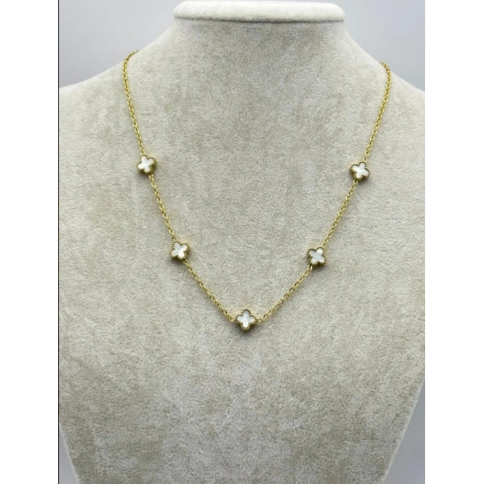 Gold Renkli Beyaz Yonca Figürlü Çelik Kolye