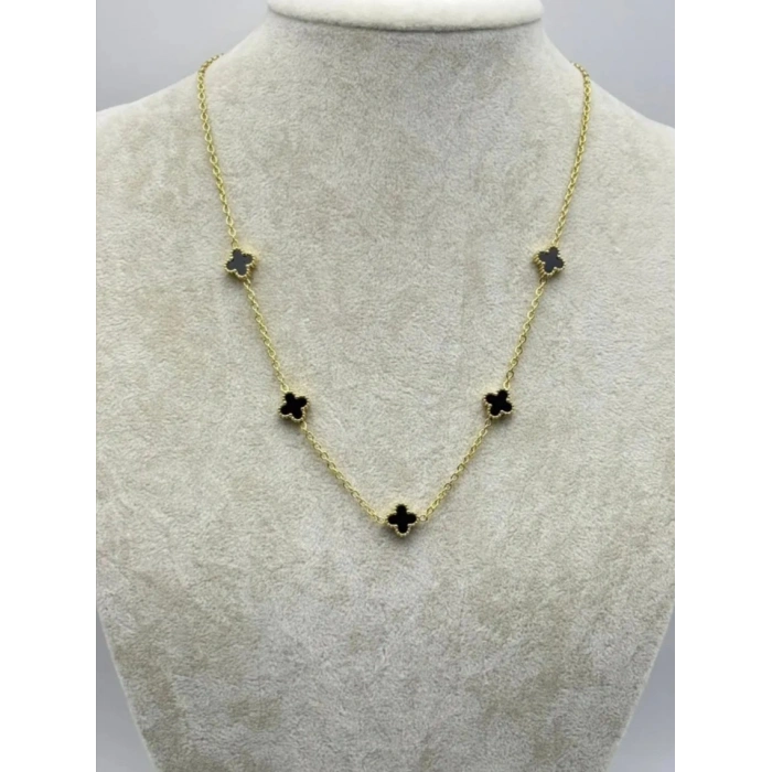 Gold Renkli Siyah Yonca Figürlü Çelik Kolye