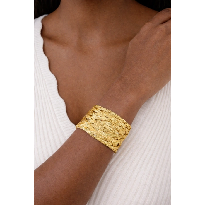 Gold Renkli Çelik Örgü Tasarım Kelepçe Bilezik