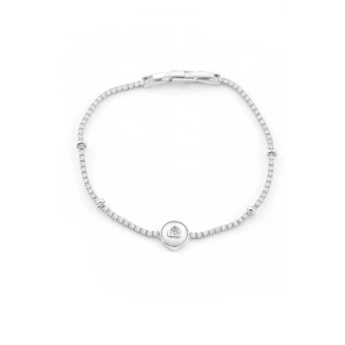 Gümüş Renkli Taşlı Kalp Detaylı Bileklik