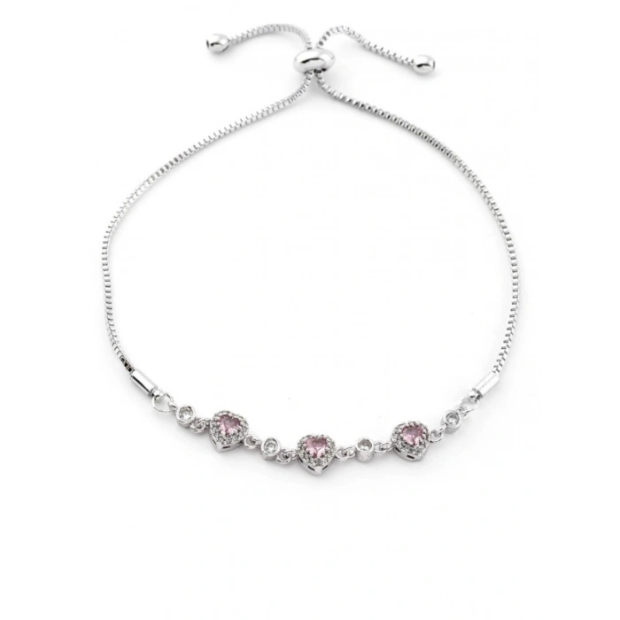 Gümüş Renkli Pembe Taşlı Kalp Asansör Model Bileklik
