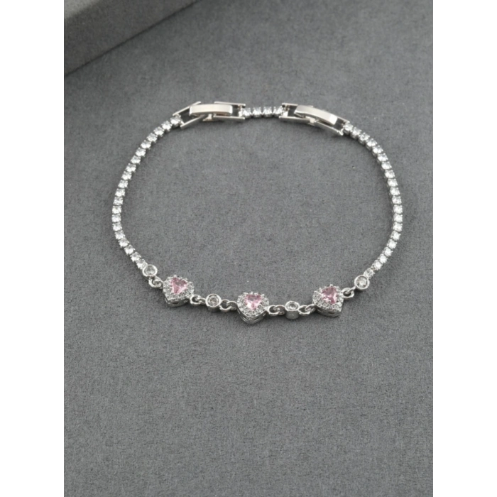 Gümüş Renkli Pembe Taşlı Kalp  Model Bileklik