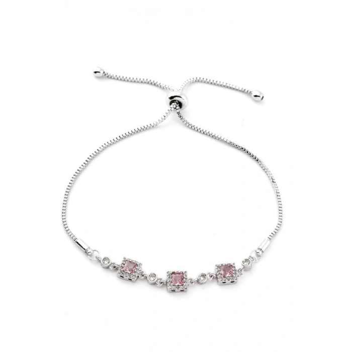 Gümüş Renkli Pembe Taşlı Kare Asansör Model Bileklik